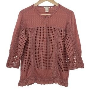 Sundance Rose Pink Eyelet Romantic Button Blouse Popover Sz L Cotton Boho Hippie